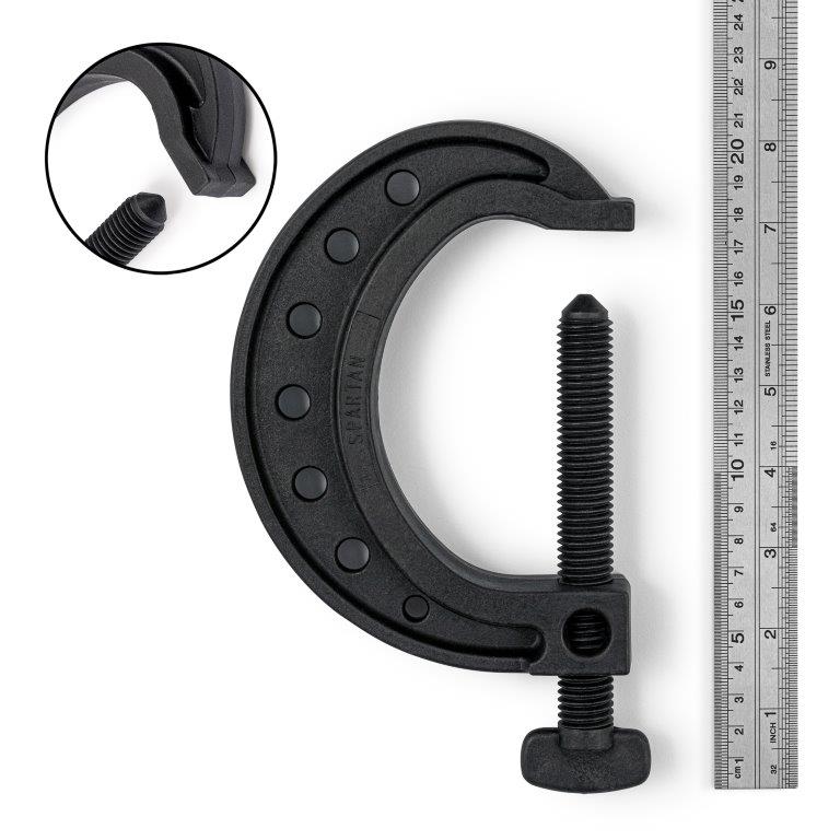 Spartan® Standard Clamp with a 110mm mouth opening in Noryl, next to a metal ruler to give an idea of size
