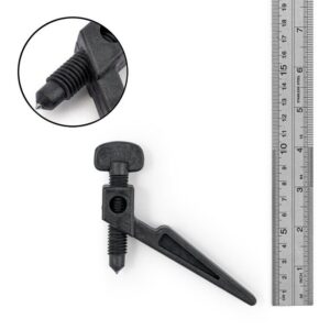 Spartan Wedge Clamp in Noryl, pictured beside a metal ruler and with a cutaway section showing close-up of tip